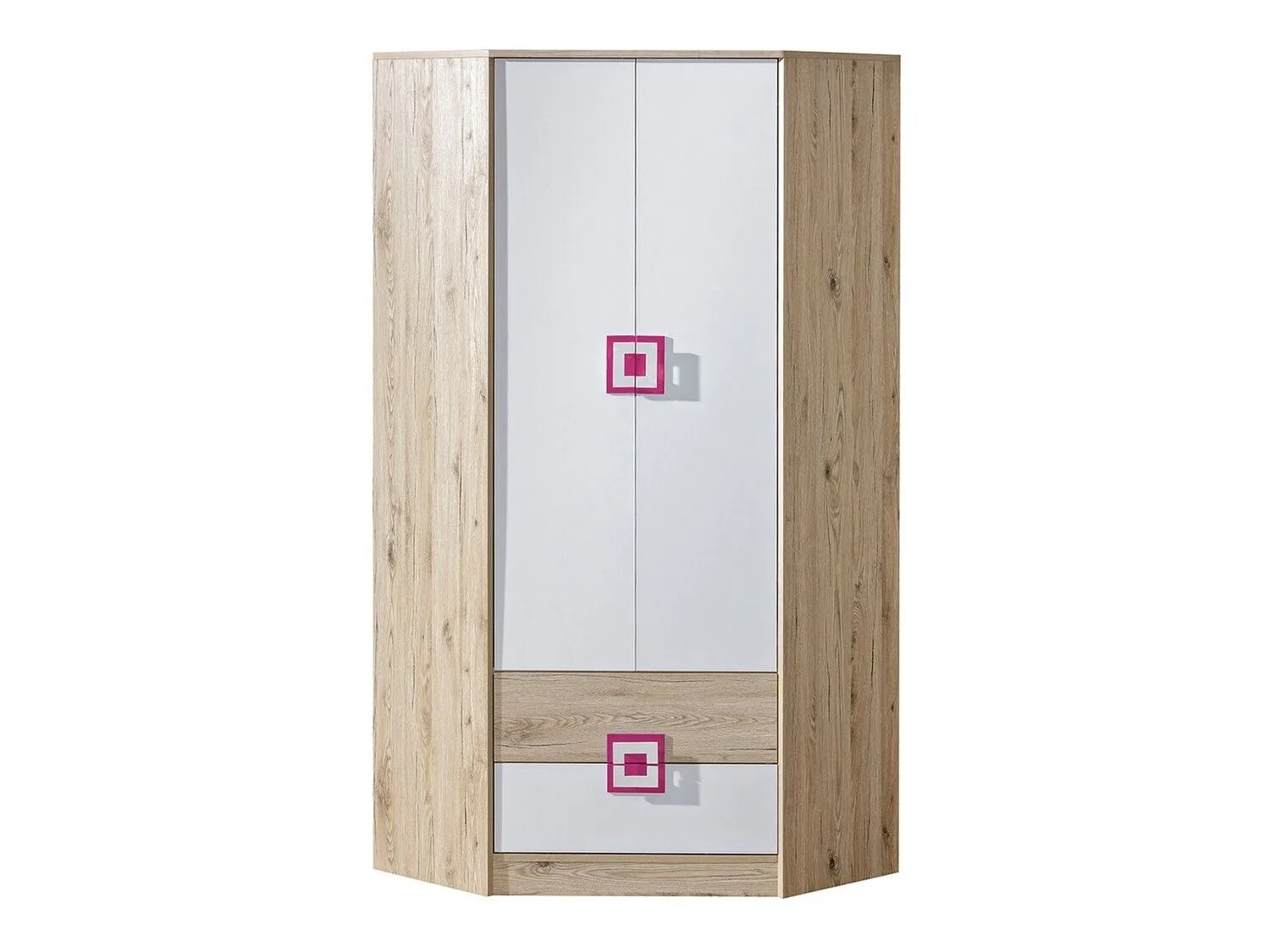Armario de rincón Balvire 103 (Roble claro + Blanco + Rosa)