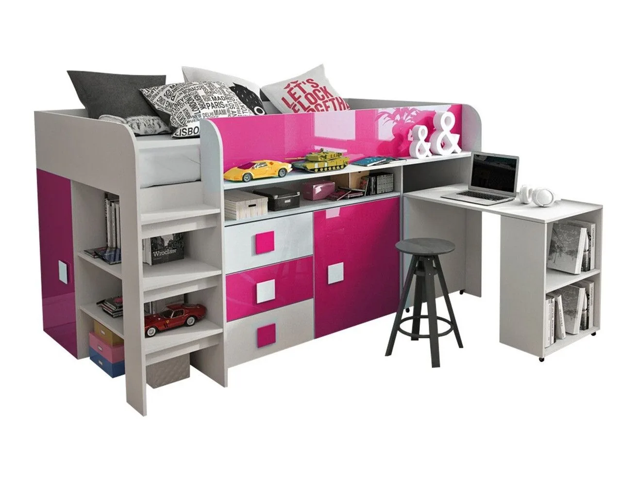 Cama Hartford 190 (Blanco + Rosa brillante + Blanco brillante)