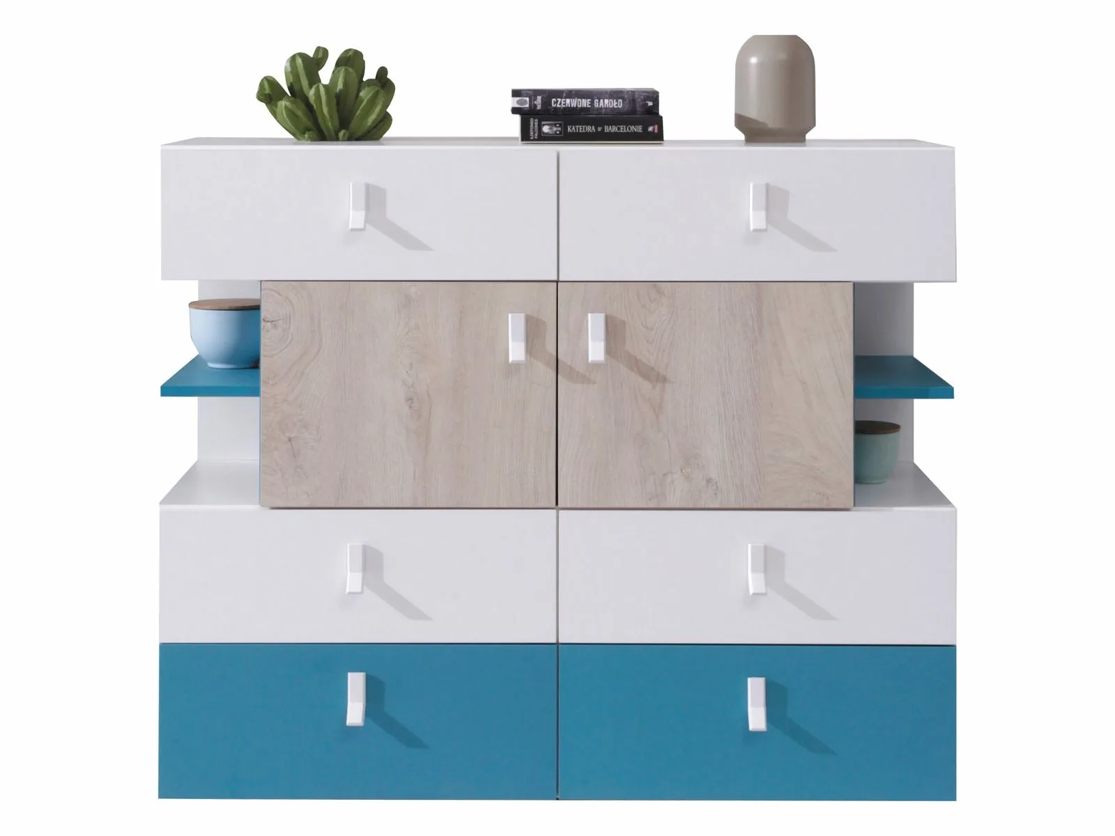 Cómoda Camteso 106 (Blanco + Roble + Turquesa)