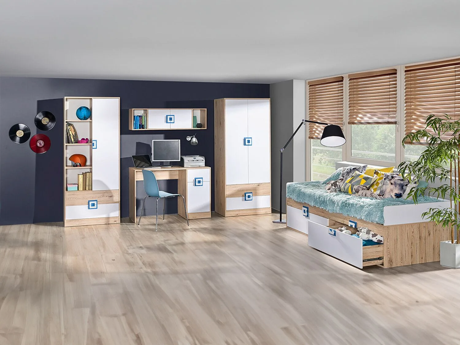 Conjunto de dormitorio infantil Balvire 116 (Roble claro + Blanco + Turquesa)