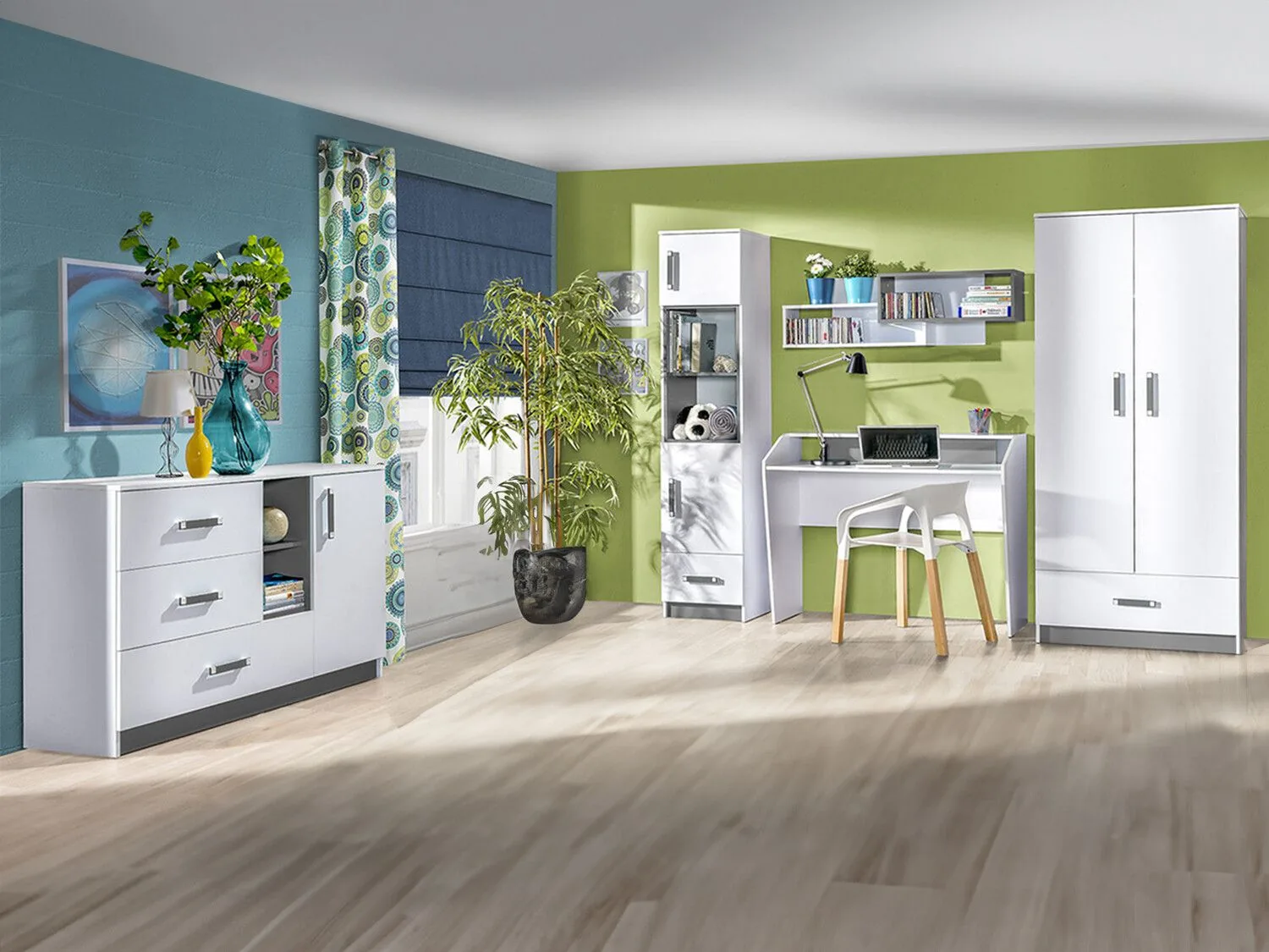 Conjunto de dormitorio infantil Lorlare 118 (Blanco + Gris)