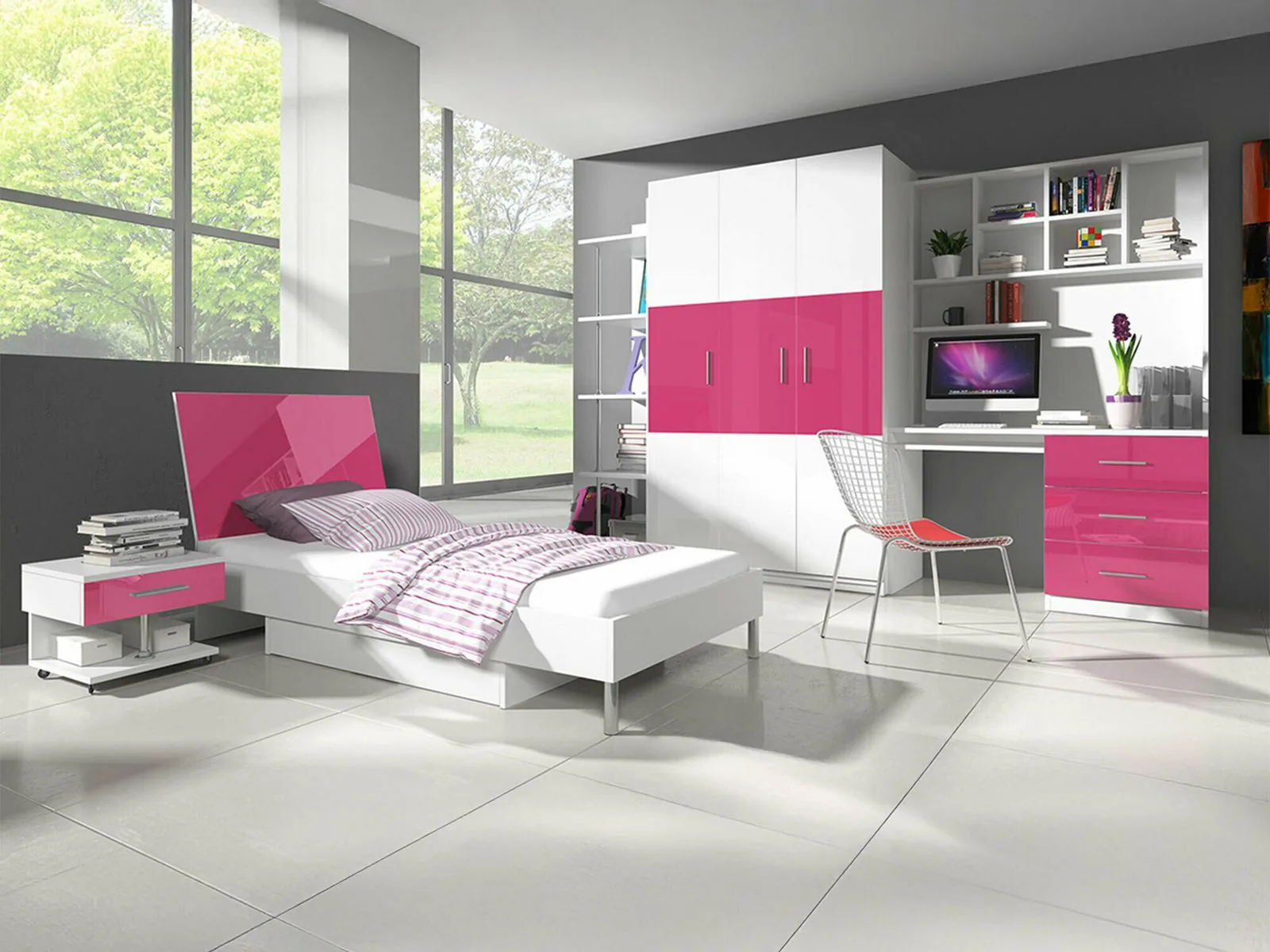 Conjunto de dormitorio infantil Campus (Blanco brillante + Rosa brillante)