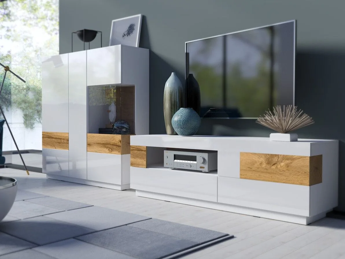 Conjunto de salón Livlore 110 (Blanco + Blanco brillante + Roble wotan)