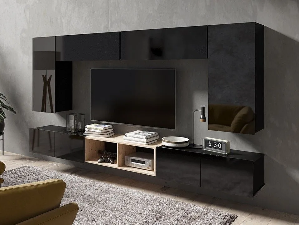 Conjunto de salón Remus XXIII (Negro + Negro brillante + Roble Artisan)