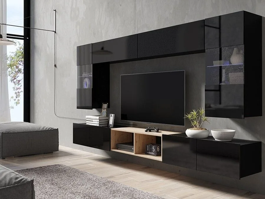 Conjunto de salón Remus XXIV (Negro + Negro brillante + Roble Artisan)
