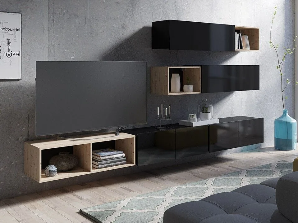 Conjunto de salón Remus XXV (Negro + Negro brillante + Roble Artisan)