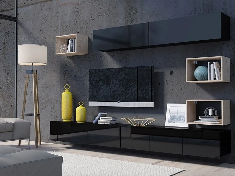 Conjunto de salón Remus XXXI (Negro + Negro brillante + Roble Artisan)