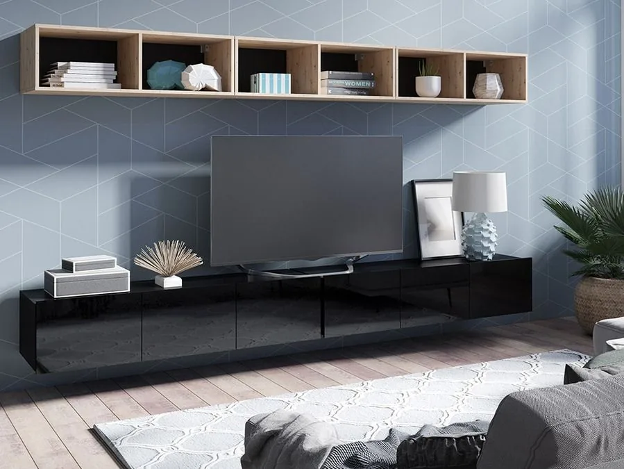 Conjunto de salón Remus XXXIII (Negro + Negro brillante + Roble Artisan)